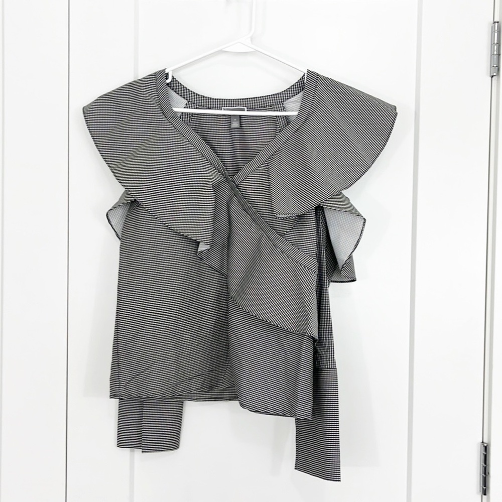 New Chelsea28 XS Black, White Gingham Checked Cold Shoulder Ruffle Blouse